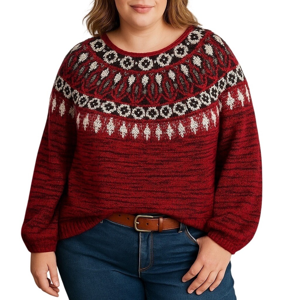 Style‎ & Co Plus 1X Fair Isle Red Knit Sweater Holiday Winter Pullover Cozy Top